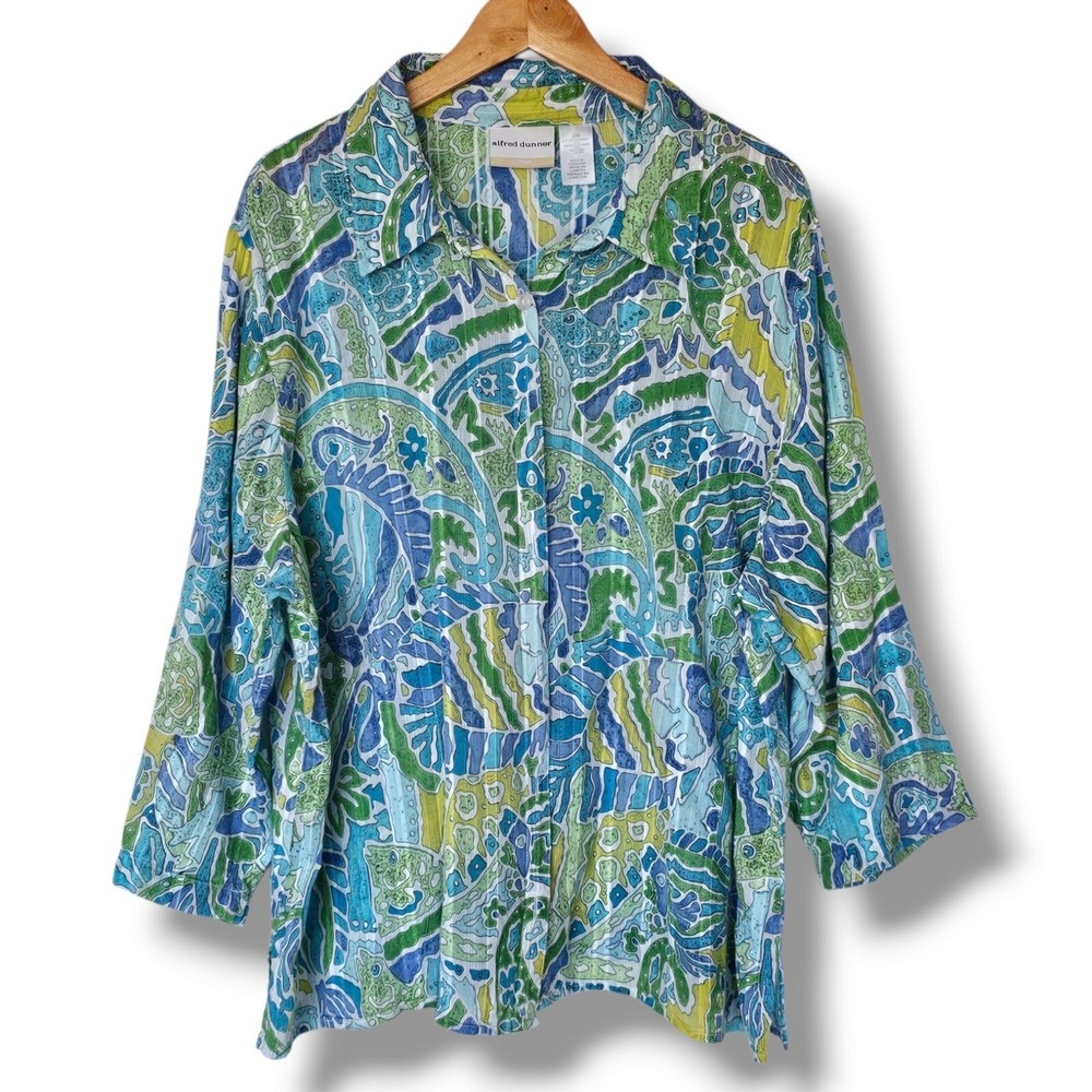 Alfred Dunner Button Down Shirt 24W Blue Green Paisley Lightweight Top Summer‎